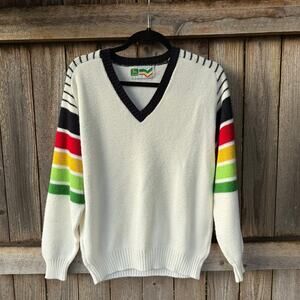 Vintage White rainbow striped sleeves John Deere V-Neck SWEATER acrylic dealer